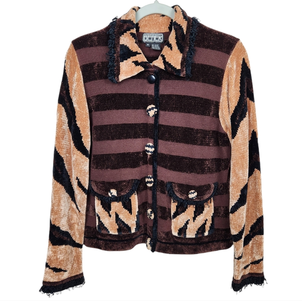 Berek 2 Vintage Brown Tiger Print Faux Fur Cardigan Sweater Women's Size Medium
